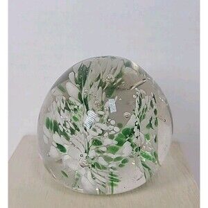 Vintage Art Glass Paperweight White Green Flower Burst 2.5” Tall Round